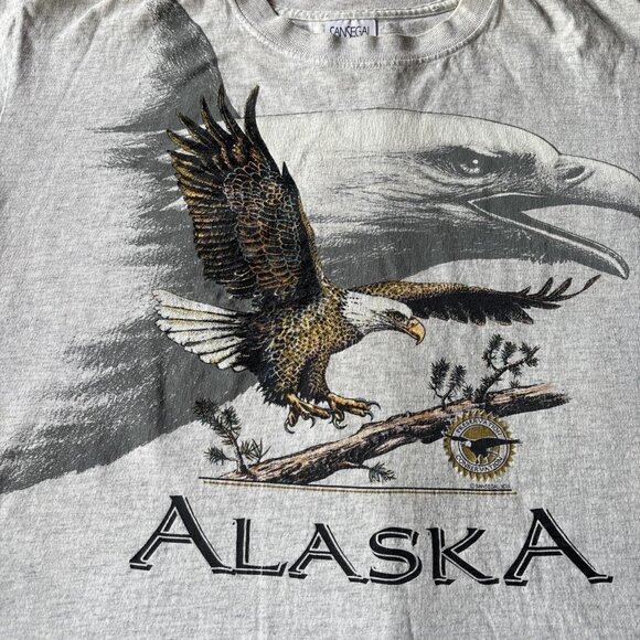 VTG 90's Alaska Nature Graphic T-Shirt Mens XL Gray Double Sided Bald Eagle - Picture 2 of 6